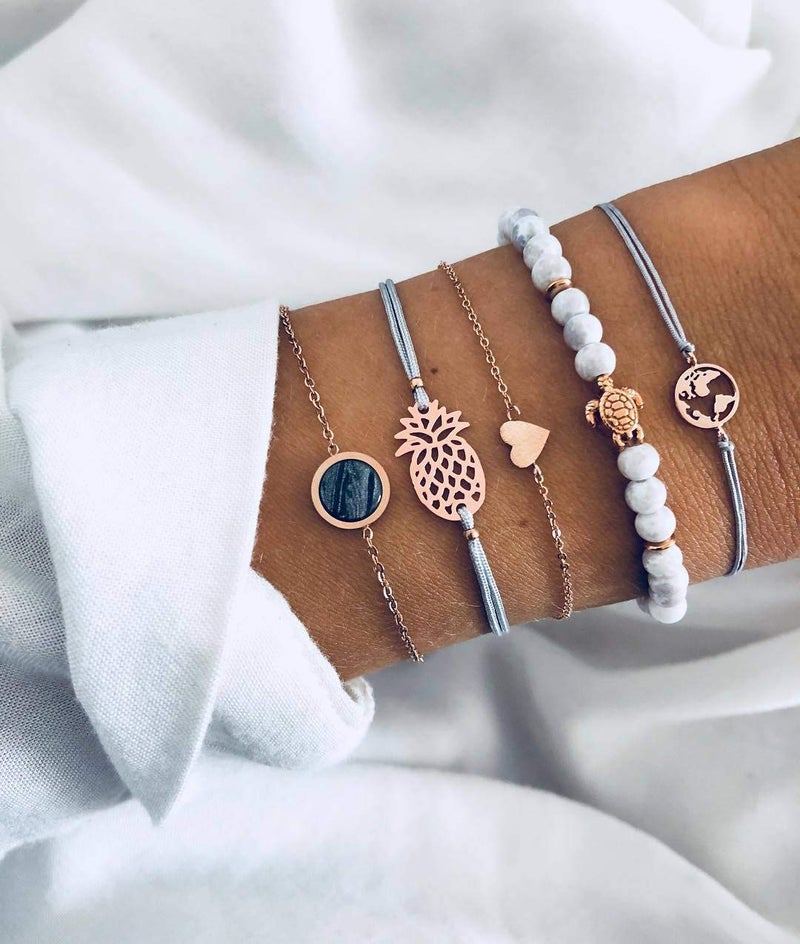 VONRU Beaded Bracelets for Women - Adjustable Charm Pendent Stack Bracelets For Women Friendship Gift Rose Quartz Bracelet Links with Pearl Gold Plated 5pcs/Set - Image 2
